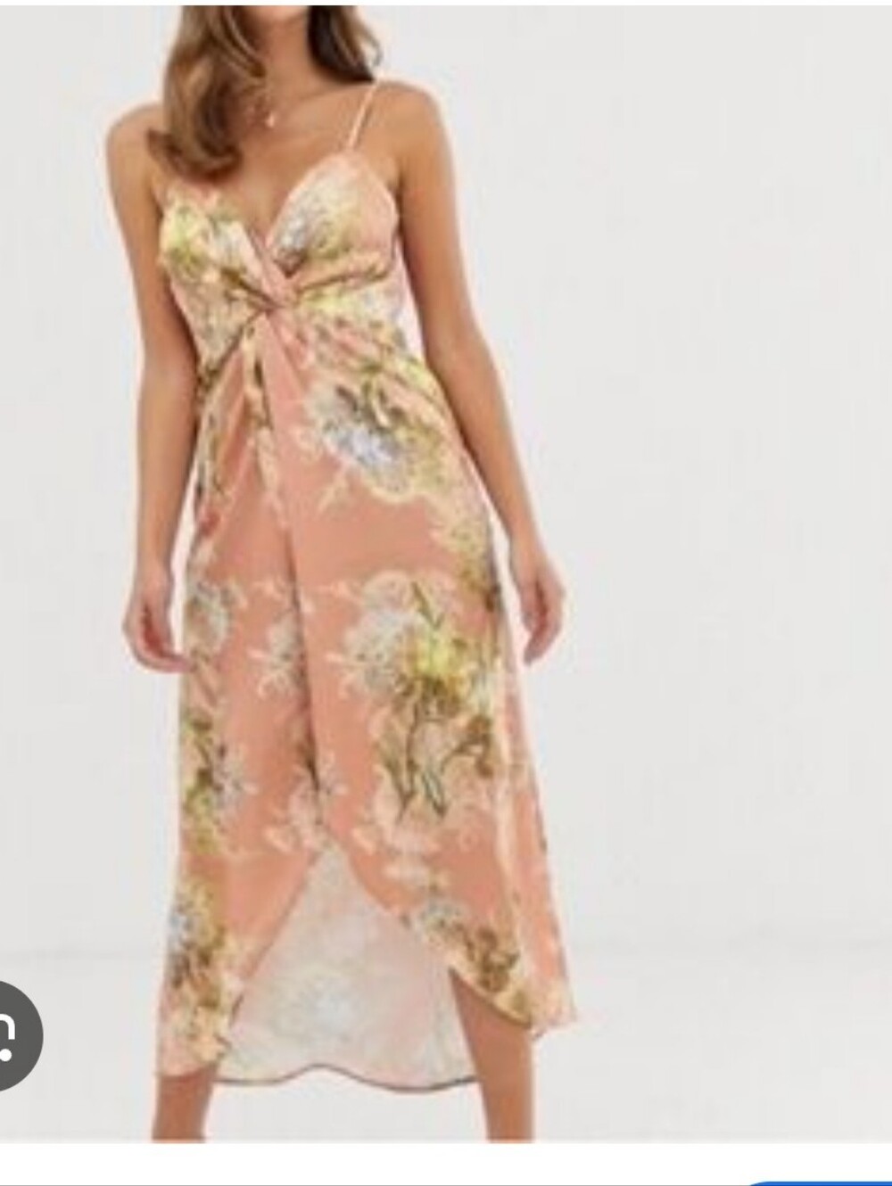 Floral Twist-Front Midi Dress in Peach Pink
